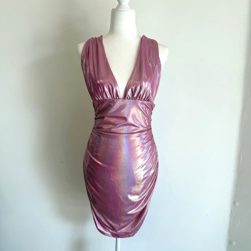 Superdown Revolve Pink Iridescent Ruched Bodycon Dress Plunge Deep V Y2K Party L